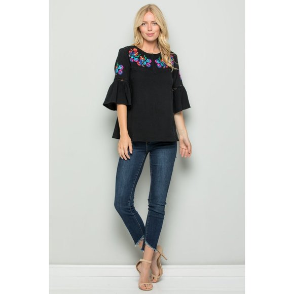 See and Be Seen Embroidered Bell Sleeve Top, Black - Picture 3 of 5